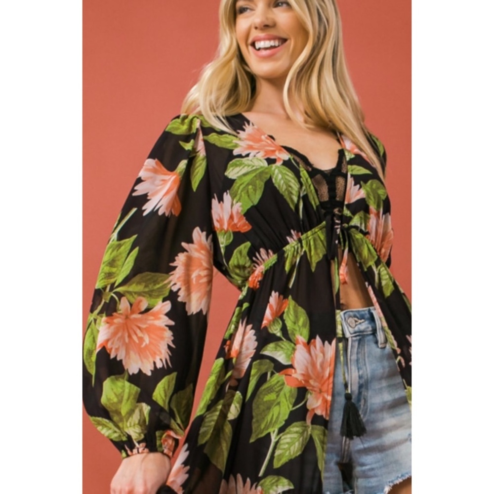 Flying Tomato Tropical Print Long Sleeve Maxi Top - Picture 4 of 9